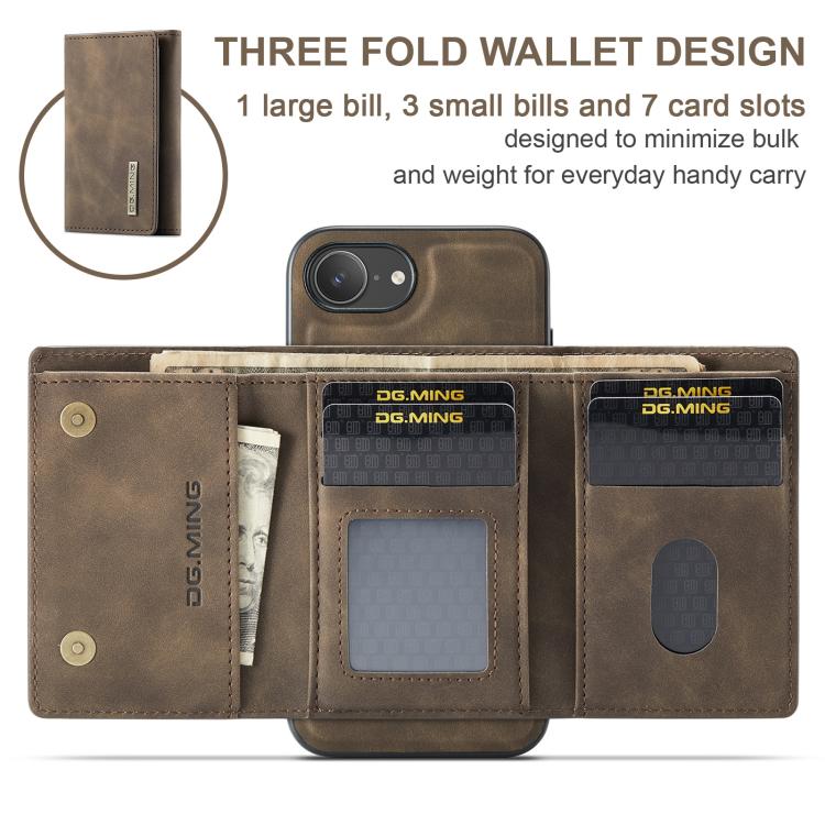 For iPhone 16e DG.MING M1 Series 3-Fold Multi Card Wallet Leather Phone Case(Coffee)
