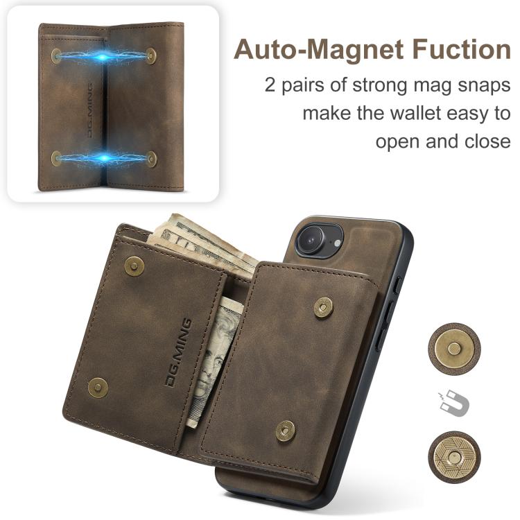 For iPhone 16e DG.MING M1 Series 3-Fold Multi Card Wallet Leather Phone Case(Coffee)