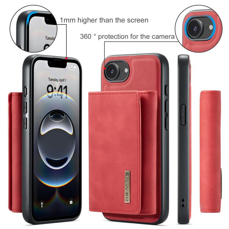 For iPhone 16e DG.MING M1 Series 3-Fold Multi Card Wallet Leather Phone Case(Red)