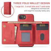 For iPhone 16e DG.MING M1 Series 3-Fold Multi Card Wallet Leather Phone Case(Red)
