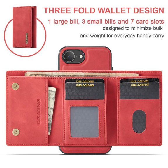 For iPhone 16e DG.MING M1 Series 3-Fold Multi Card Wallet Leather Phone Case(Red)
