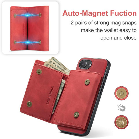 For iPhone 16e DG.MING M1 Series 3-Fold Multi Card Wallet Leather Phone Case(Red)
