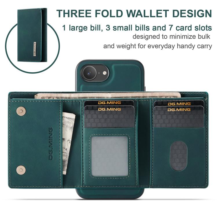 For iPhone 16e DG.MING M1 Series 3-Fold Multi Card Wallet Leather Phone Case(Green)