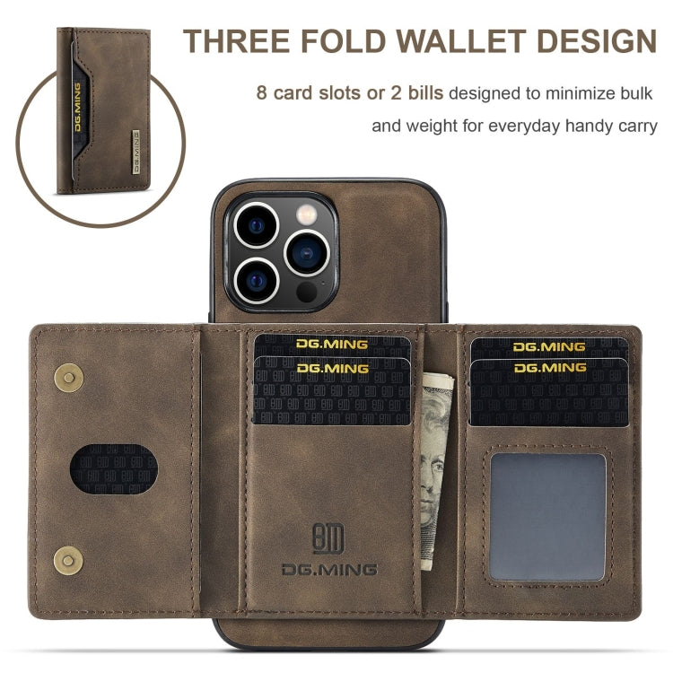 For iPhone 15 Pro DG.MING M2 Series 3-Fold Card Bag Wallet Leather Phone Case(Coffee)