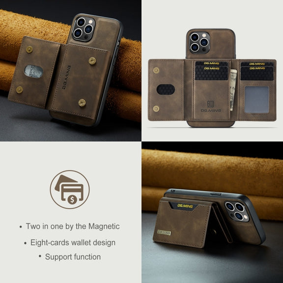 For iPhone 15 Pro DG.MING M2 Series 3-Fold Card Bag Wallet Leather Phone Case(Coffee)