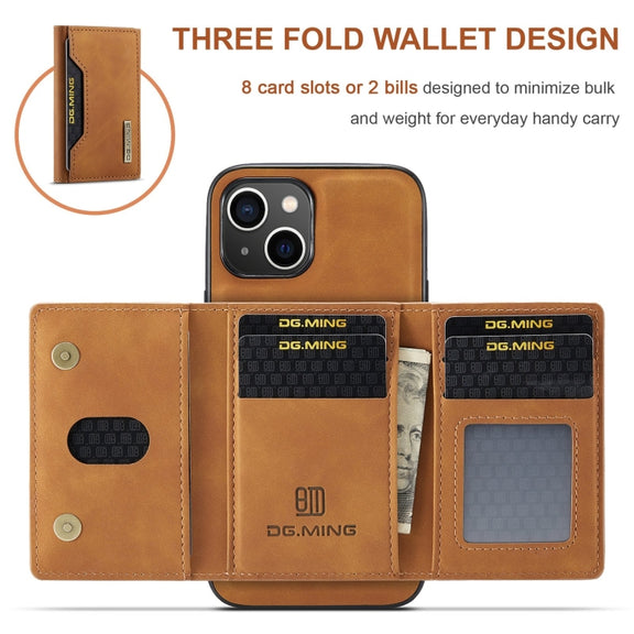 For iPhone 15 DG.MING M2 Series 3-Fold Card Bag Wallet Leather Phone Case(Brown)