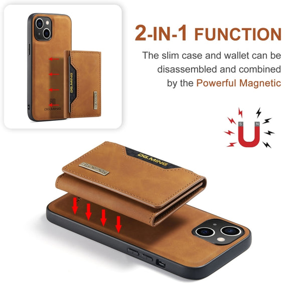 For iPhone 15 DG.MING M2 Series 3-Fold Card Bag Wallet Leather Phone Case(Brown)