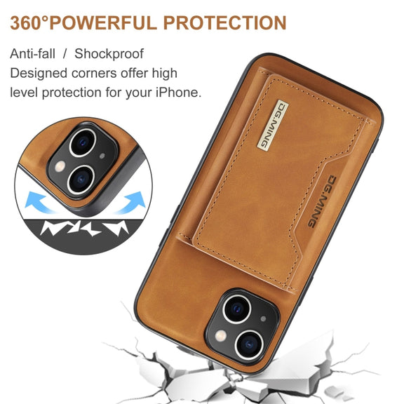 For iPhone 15 DG.MING M2 Series 3-Fold Card Bag Wallet Leather Phone Case(Brown)