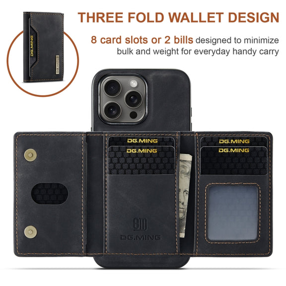 For iPhone 16 Pro Max DG.MING M2 Series 3-Fold Card Bag Wallet Leather Phone Case(Black)