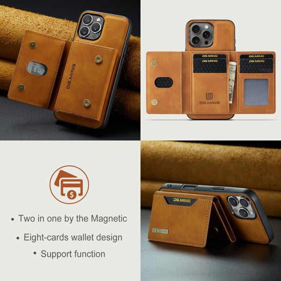 For iPhone 16 Pro Max DG.MING M2 Series 3-Fold Card Bag Wallet Leather Phone Case(Brown)