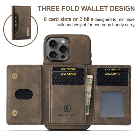 For iPhone 16 Pro Max DG.MING M2 Series 3-Fold Card Bag Wallet Leather Phone Case(Coffee)