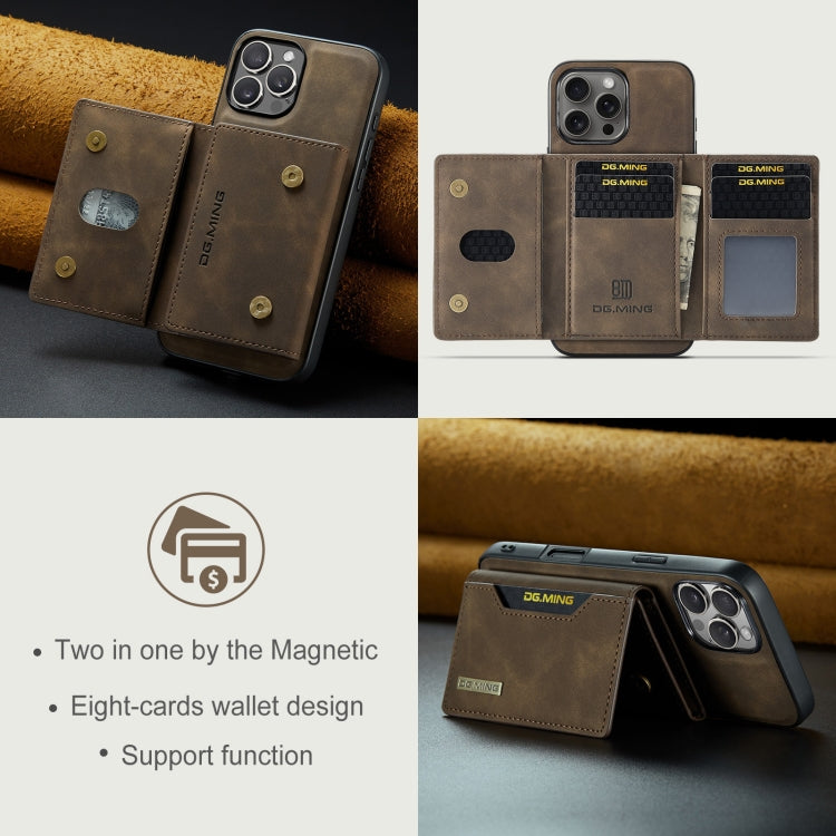 For iPhone 16 Pro Max DG.MING M2 Series 3-Fold Card Bag Wallet Leather Phone Case(Coffee)
