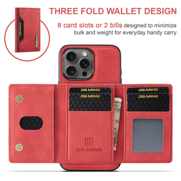 For iPhone 16 Pro Max DG.MING M2 Series 3-Fold Card Bag Wallet Leather Phone Case(Red)