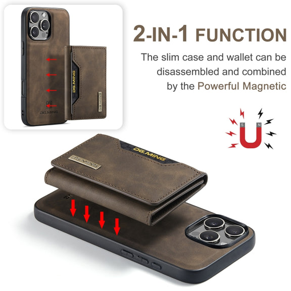 For iPhone 16 Pro DG.MING M2 Series 3-Fold Card Bag Wallet Leather Phone Case(Coffee)