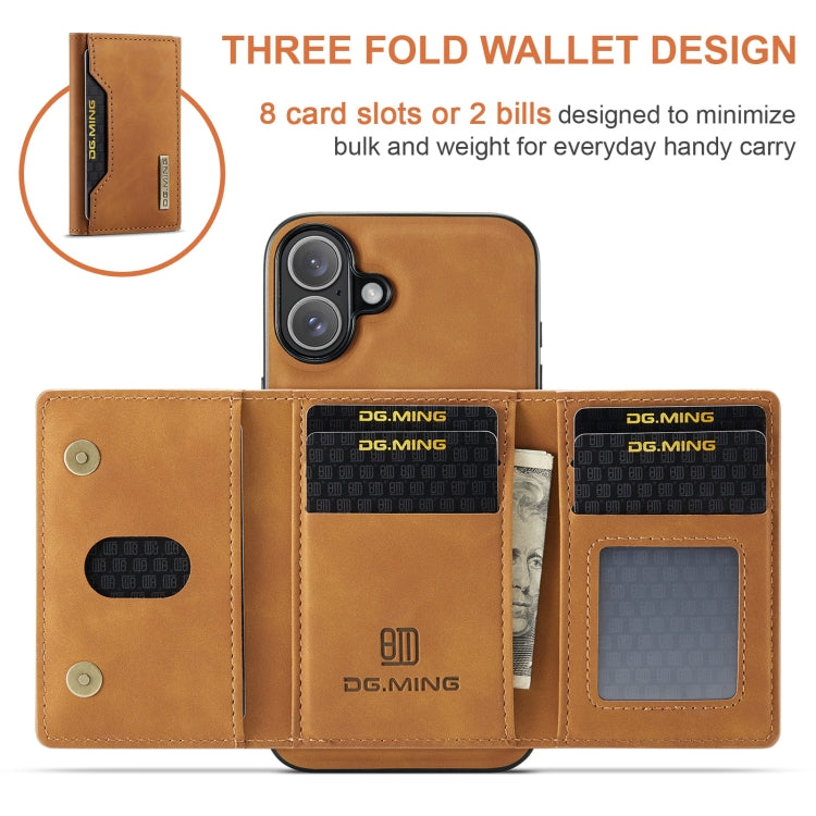 For iPhone 16 Plus DG.MING M2 Series 3-Fold Card Bag Wallet Leather Phone Case(Brown)