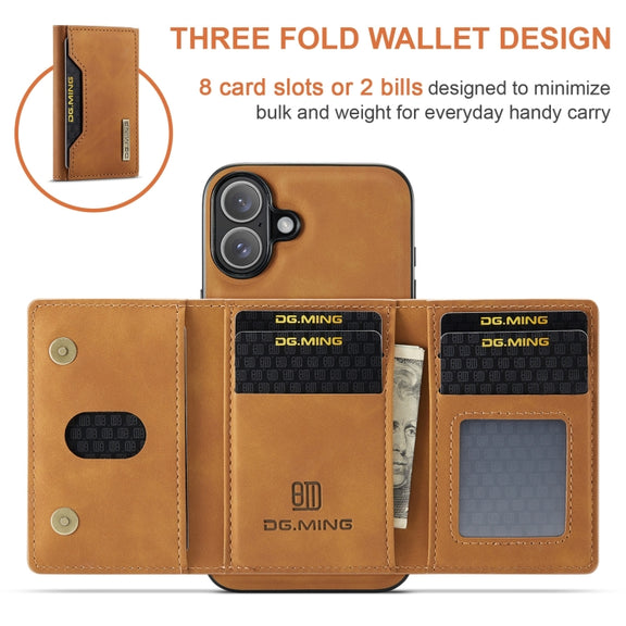 For iPhone 16 Plus DG.MING M2 Series 3-Fold Card Bag Wallet Leather Phone Case(Brown)