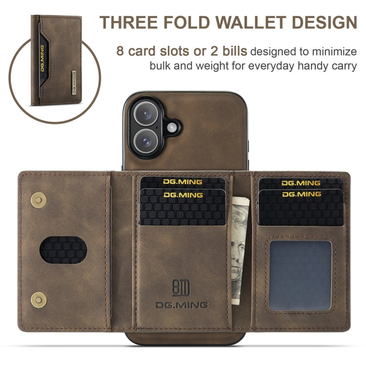 For iPhone 16 Plus DG.MING M2 Series 3-Fold Card Bag Wallet Leather Phone Case(Coffee)