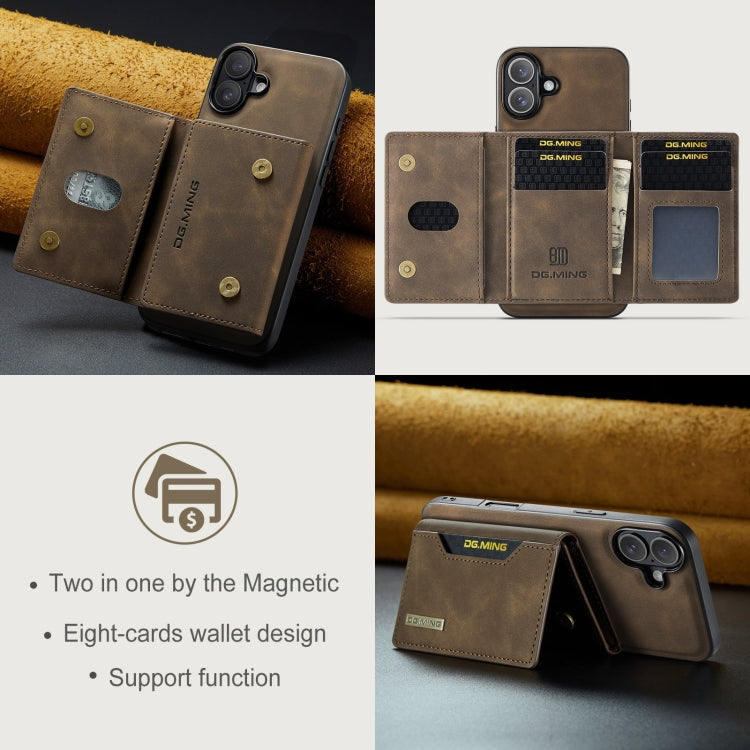 For iPhone 16 Plus DG.MING M2 Series 3-Fold Card Bag Wallet Leather Phone Case(Coffee)