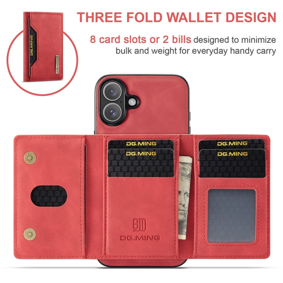For iPhone 16 Plus DG.MING M2 Series 3-Fold Card Bag Wallet Leather Phone Case(Red)