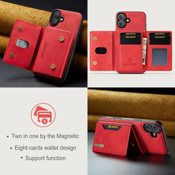 For iPhone 16 Plus DG.MING M2 Series 3-Fold Card Bag Wallet Leather Phone Case(Red)