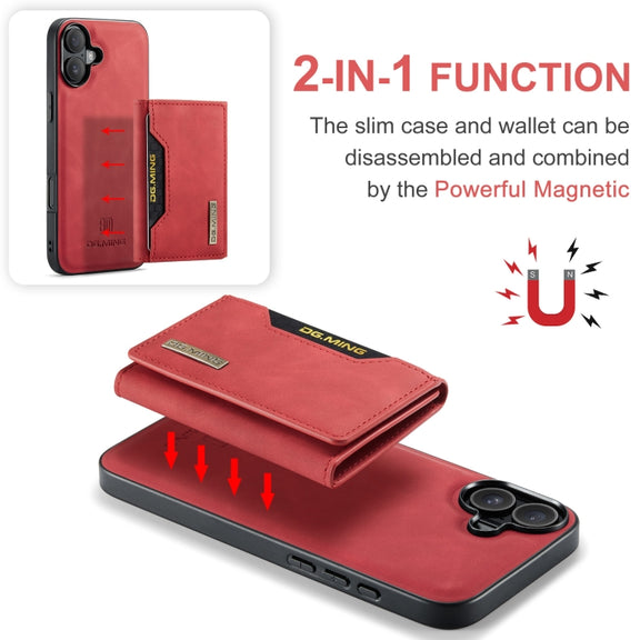For iPhone 16 Plus DG.MING M2 Series 3-Fold Card Bag Wallet Leather Phone Case(Red)