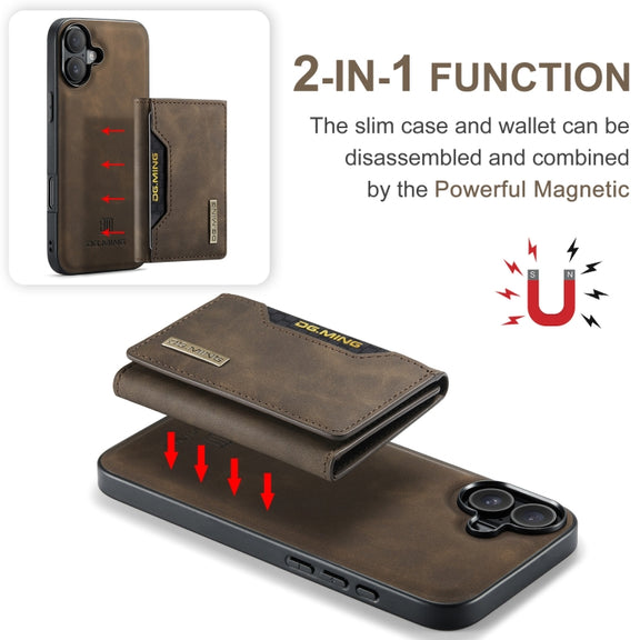 For iPhone 16 DG.MING M2 Series 3-Fold Card Bag Wallet Leather Phone Case(Coffee)