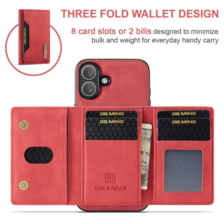 For iPhone 16 DG.MING M2 Series 3-Fold Card Bag Wallet Leather Phone Case(Red)