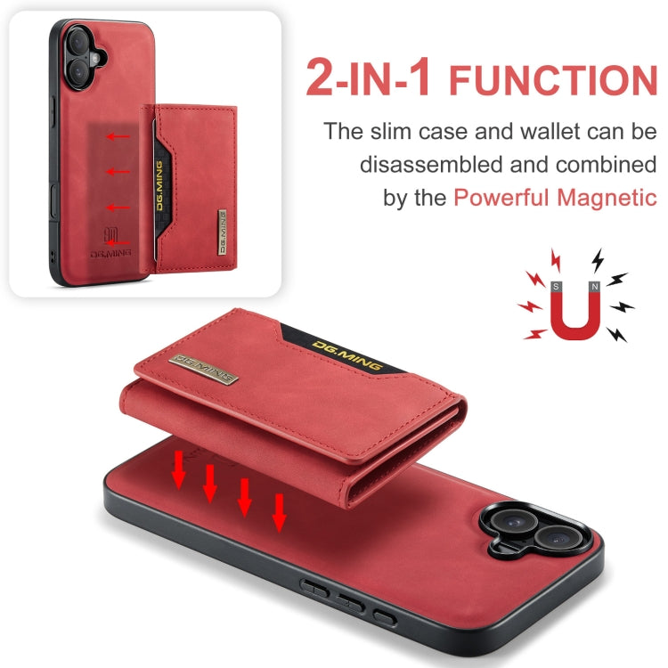 For iPhone 16 DG.MING M2 Series 3-Fold Card Bag Wallet Leather Phone Case(Red)