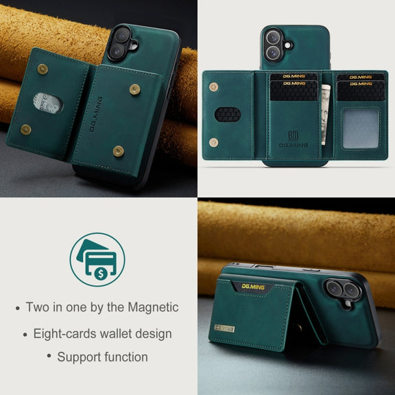 For iPhone 16 DG.MING M2 Series 3-Fold Card Bag Wallet Leather Phone Case(Green)
