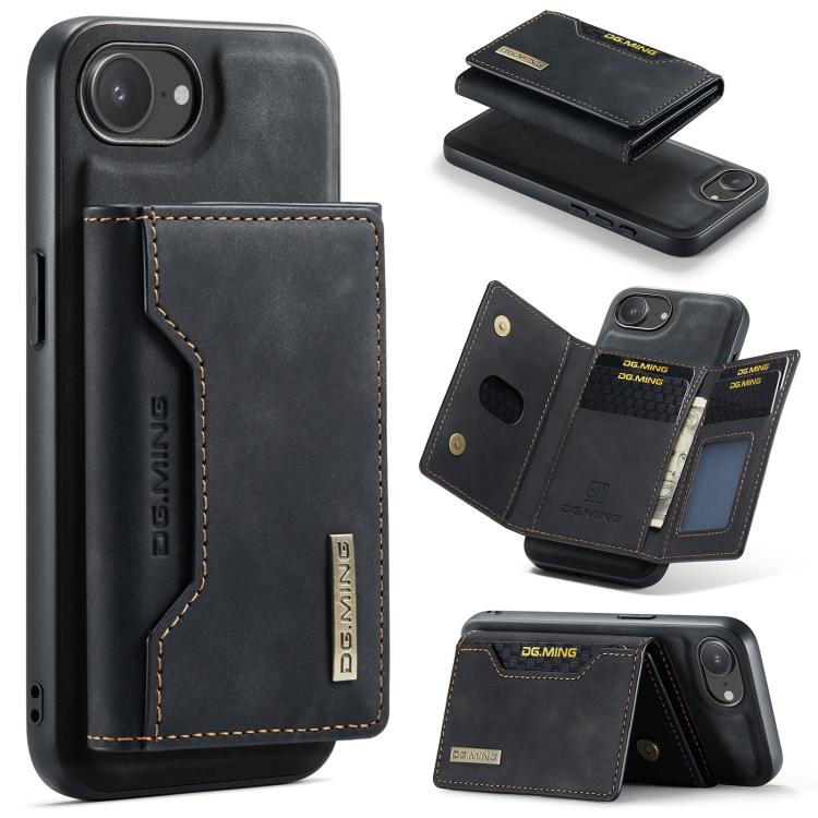 For iPhone 16e DG.MING M2 Series 3-Fold Card Bag Wallet Leather Phone Case(Black)