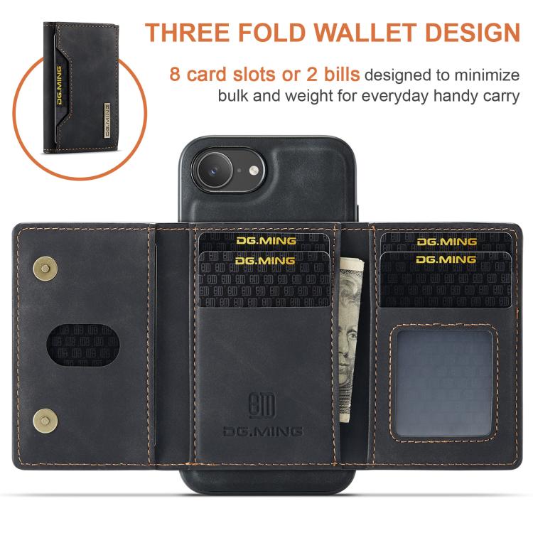 For iPhone 16e DG.MING M2 Series 3-Fold Card Bag Wallet Leather Phone Case(Black)