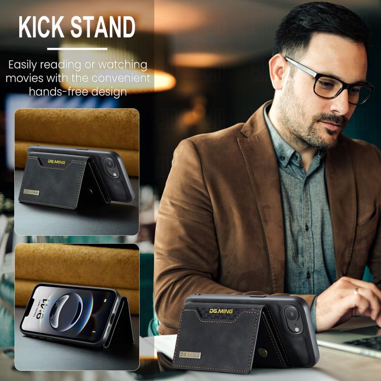 For iPhone 16e DG.MING M2 Series 3-Fold Card Bag Wallet Leather Phone Case(Black)