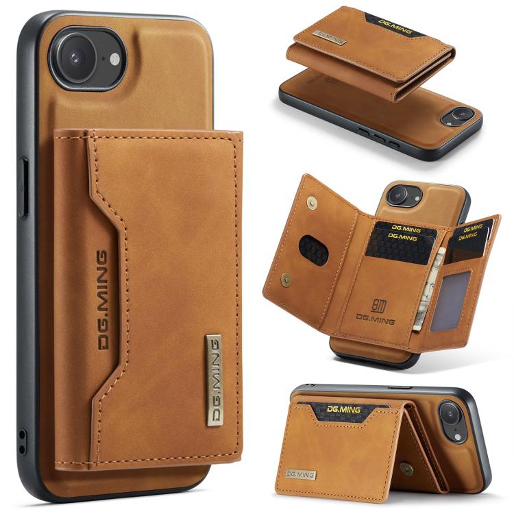 For iPhone 16e DG.MING M2 Series 3-Fold Card Bag Wallet Leather Phone Case(Brown)