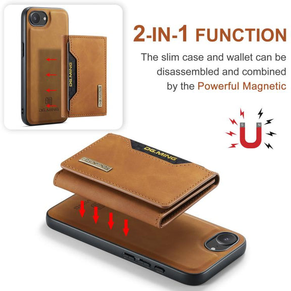 For iPhone 16e DG.MING M2 Series 3-Fold Card Bag Wallet Leather Phone Case(Brown)