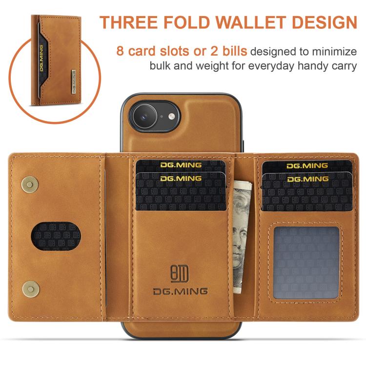 For iPhone 16e DG.MING M2 Series 3-Fold Card Bag Wallet Leather Phone Case(Brown)