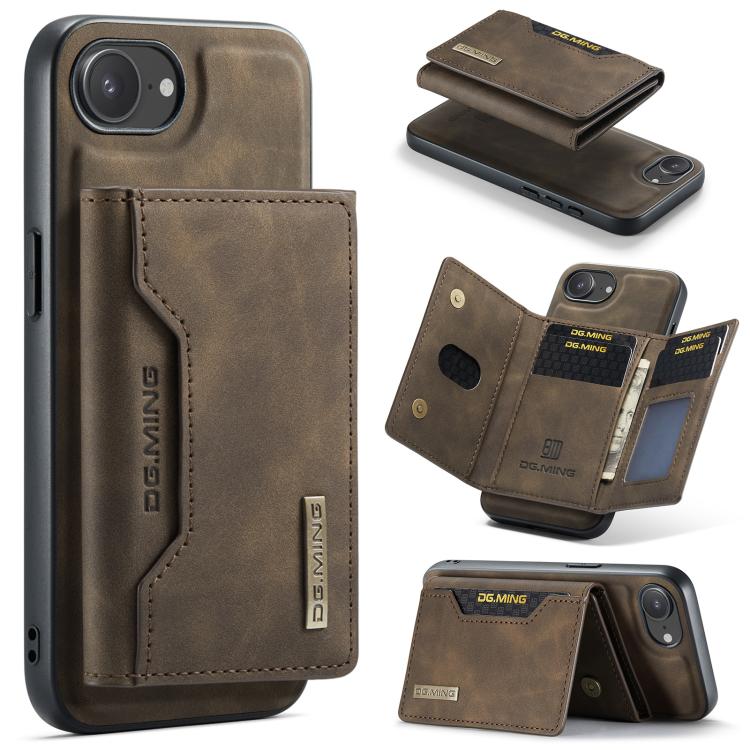 For iPhone 16e DG.MING M2 Series 3-Fold Card Bag Wallet Leather Phone Case(Coffee)