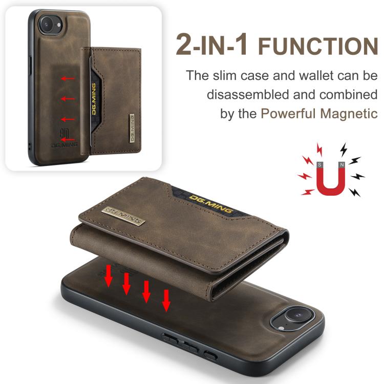 For iPhone 16e DG.MING M2 Series 3-Fold Card Bag Wallet Leather Phone Case(Coffee)