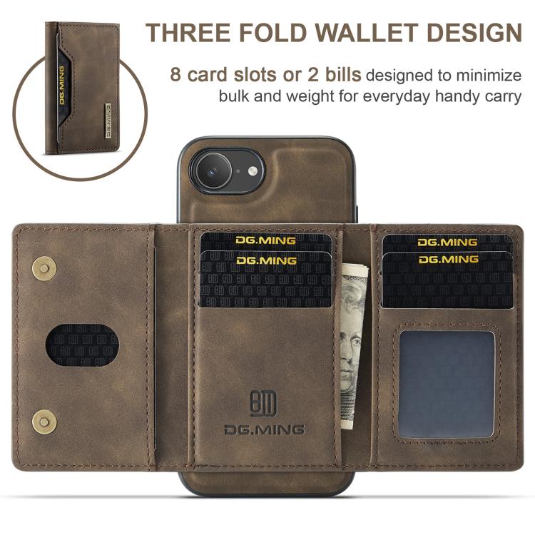 For iPhone 16e DG.MING M2 Series 3-Fold Card Bag Wallet Leather Phone Case(Coffee)