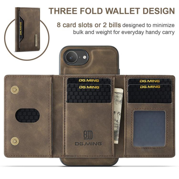 For iPhone 16e DG.MING M2 Series 3-Fold Card Bag Wallet Leather Phone Case(Coffee)