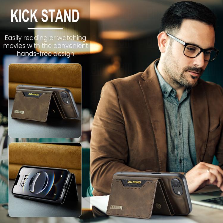 For iPhone 16e DG.MING M2 Series 3-Fold Card Bag Wallet Leather Phone Case(Coffee)