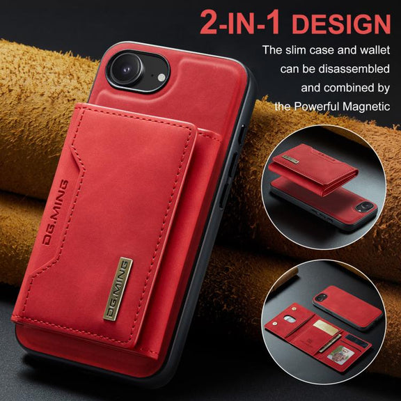 For iPhone 16e DG.MING M2 Series 3-Fold Card Bag Wallet Leather Phone Case(Red)