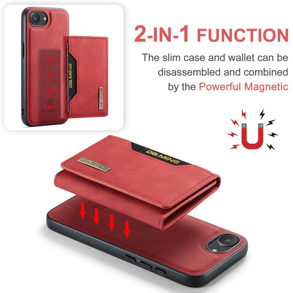 For iPhone 16e DG.MING M2 Series 3-Fold Card Bag Wallet Leather Phone Case(Red)