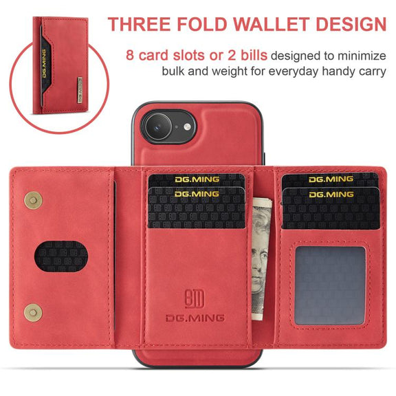 For iPhone 16e DG.MING M2 Series 3-Fold Card Bag Wallet Leather Phone Case(Red)