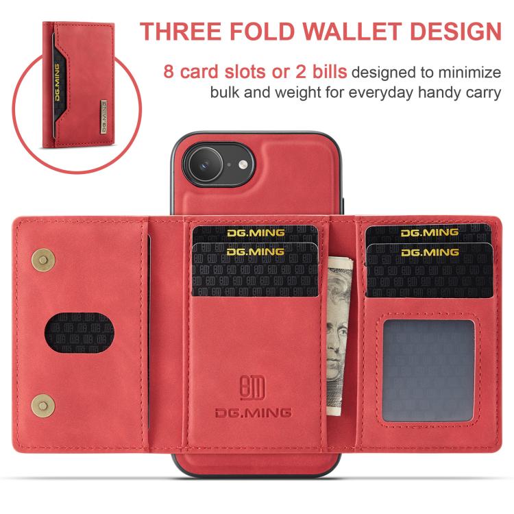For iPhone 16e DG.MING M2 Series 3-Fold Card Bag Wallet Leather Phone Case(Red)