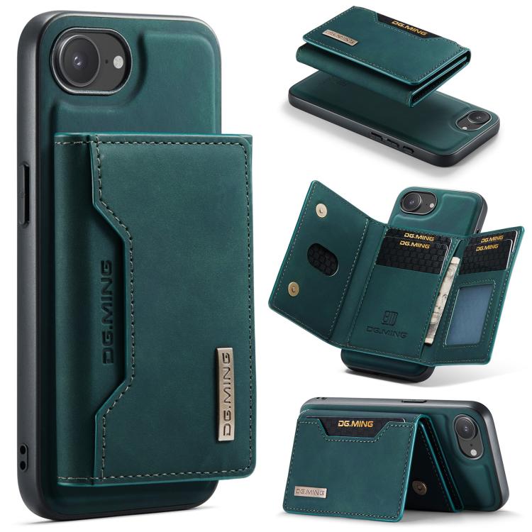 For iPhone 16e DG.MING M2 Series 3-Fold Card Bag Wallet Leather Phone Case(Green)