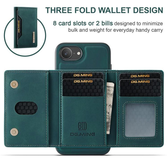 For iPhone 16e DG.MING M2 Series 3-Fold Card Bag Wallet Leather Phone Case(Green)