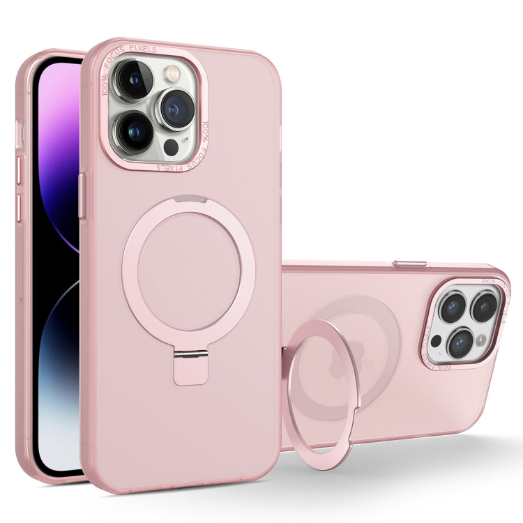 For iPhone 15 Pro MagSafe Metal Holder Frosted Translucent Phone Case(Pink)