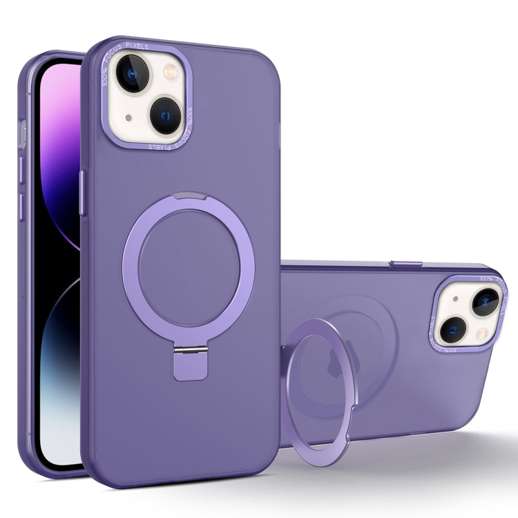 For iPhone 15 Plus MagSafe Metal Holder Frosted Translucent Phone Case(Dark Purple)