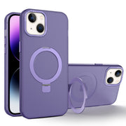 For iPhone 15 Plus MagSafe Metal Holder Frosted Translucent Phone Case(Dark Purple)