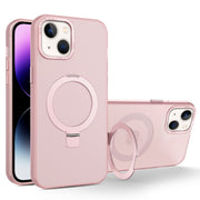 For iPhone 14 Plus MagSafe Metal Holder Frosted Translucent Phone Case(Pink)